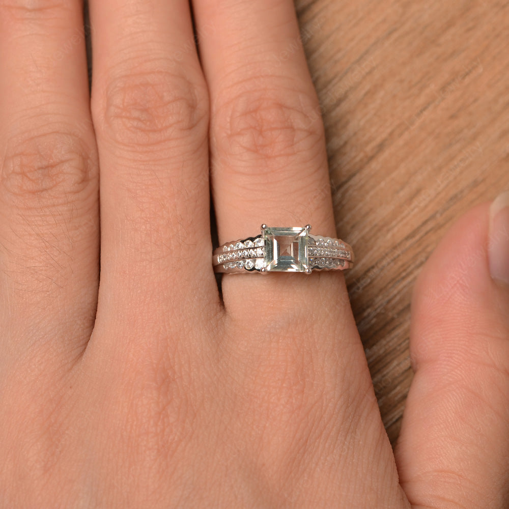 Square Cut Green Amethyst Art Deco Ring Silver - LUO Jewelry