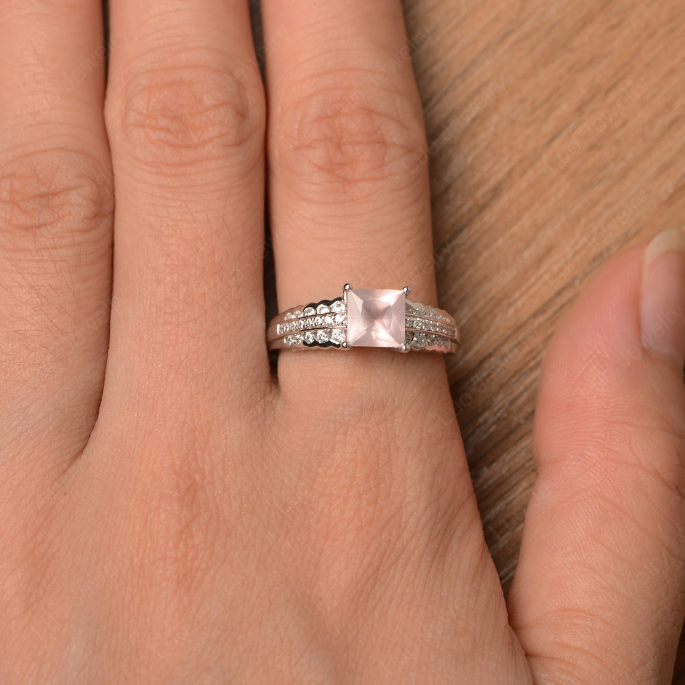 Princess Cut Rose Quartz Art Deco Ring Silver - LUO Jewelry