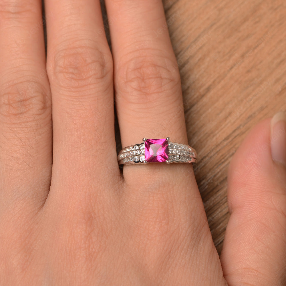 Princess Cut Ruby Art Deco Ring Silver - LUO Jewelry