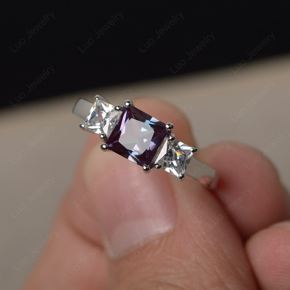 3 Stone Alexandrite Princess Cut Alexandrite Ring Silver - LUO Jewelry