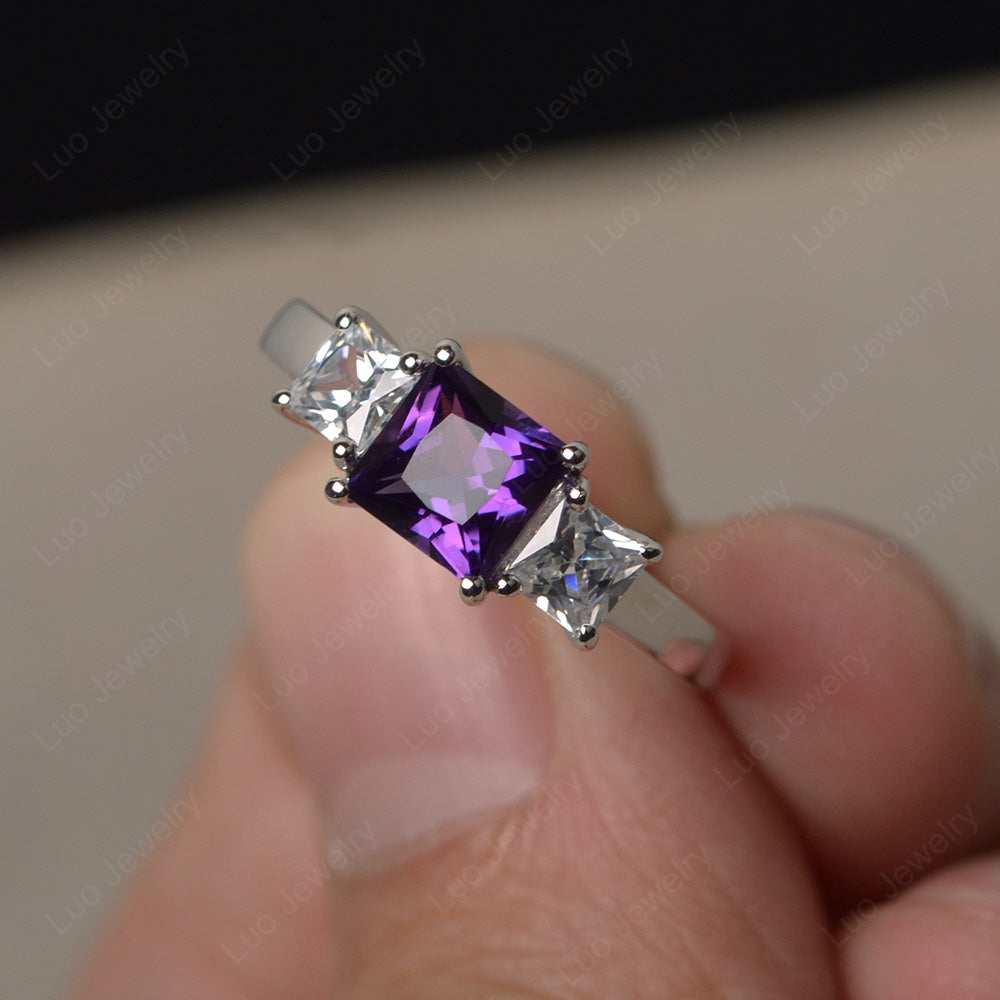 3 Stone Amethyst Princess Cut Amethyst Ring Silver - LUO Jewelry