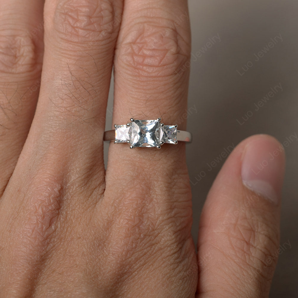 3 Stone Aquamarine Princess Cut Aquamarine Ring Silver - LUO Jewelry