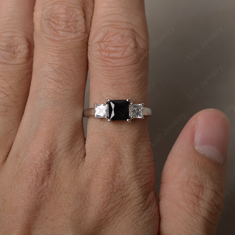 3 Stone Black Stone Princess Cut Black Stone Ring Silver - LUO Jewelry