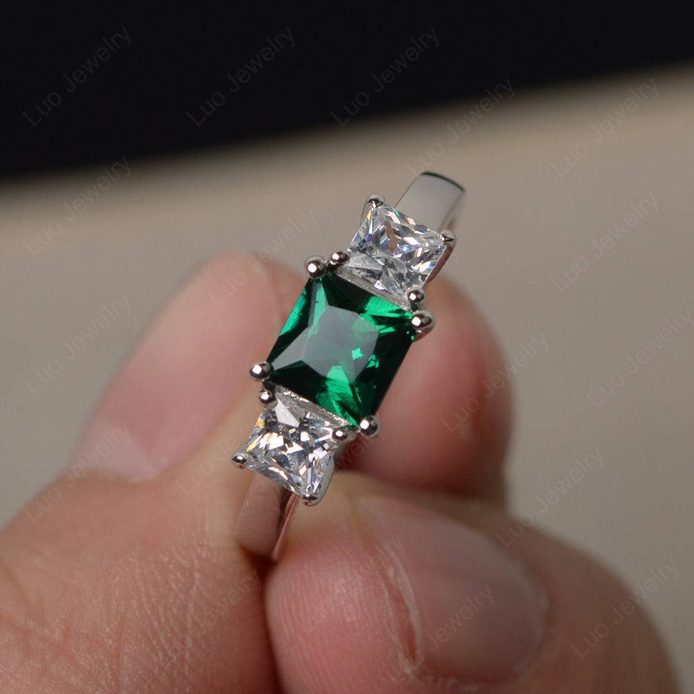 3 Stone Lab Emerald Princess Cut Lab Emerald Ring Silver - LUO Jewelry