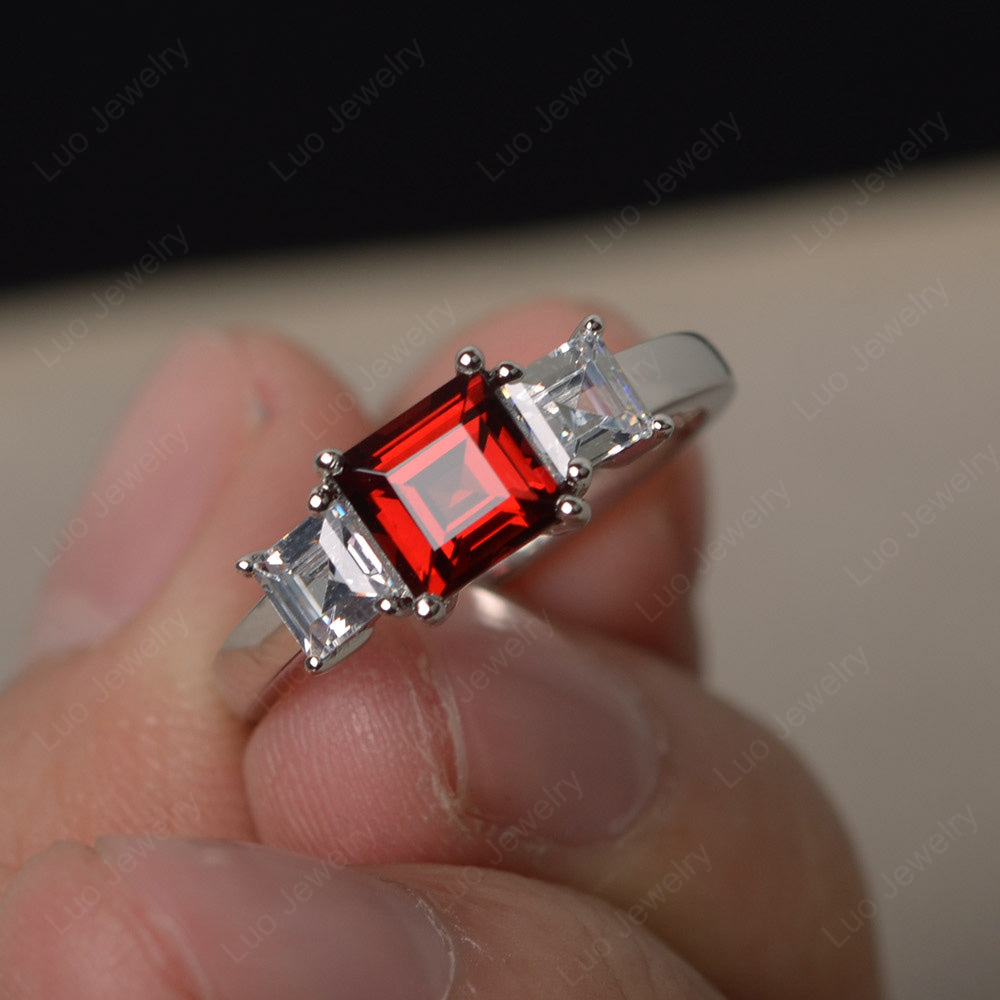 3 Stone Garnet Square Cut Garnet Ring Silver - LUO Jewelry