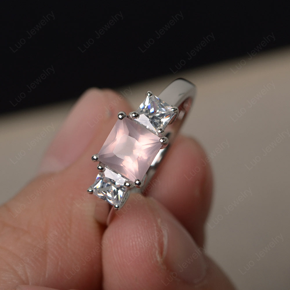 3 Stone Rose Quartz Princess Cut Rose Quartz Ring Silver - LUO Jewelry