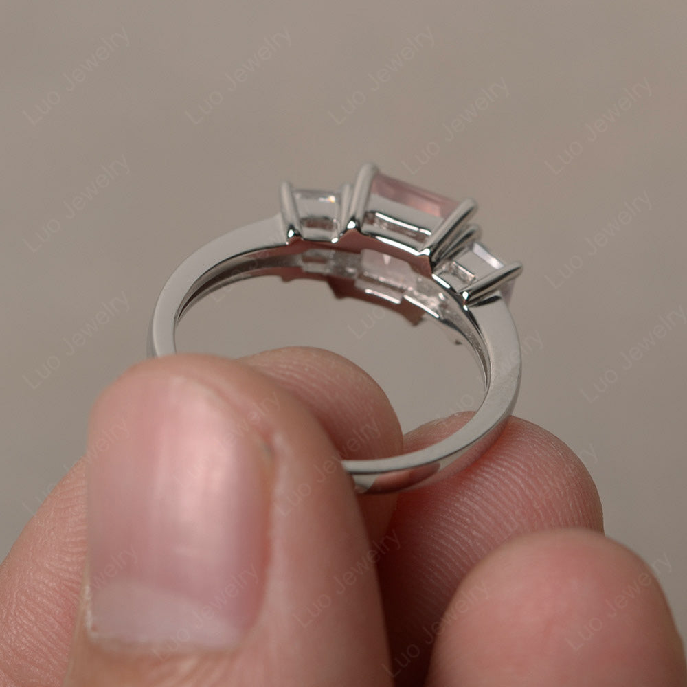 3 Stone Rose Quartz Princess Cut Rose Quartz Ring Silver - LUO Jewelry