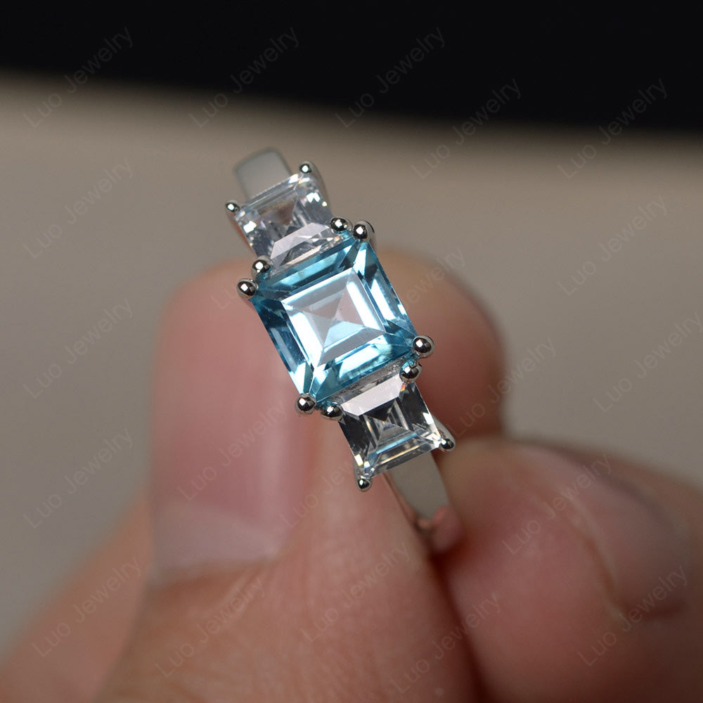 3 Stone Swiss Blue Topaz Square Cut Swiss Blue Topaz Ring Silver - LUO Jewelry