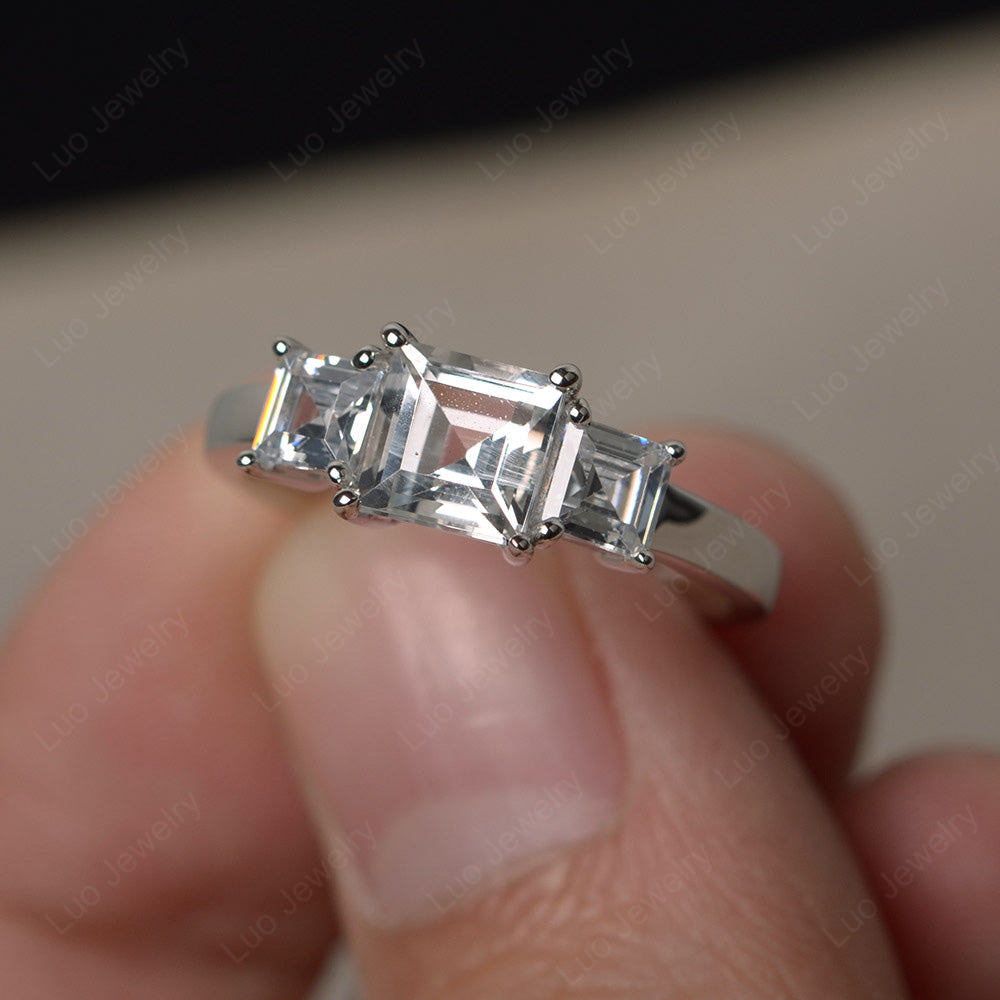 3 Stone White Topaz Square Cut White Topaz Ring Silver - LUO Jewelry