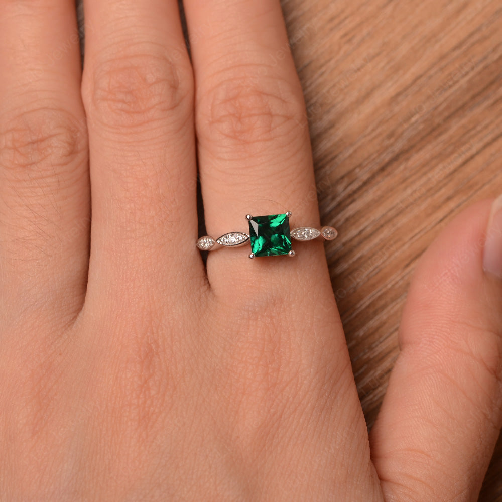 Princess Cut Lab Emerald Ring White Gold - LUO Jewelry