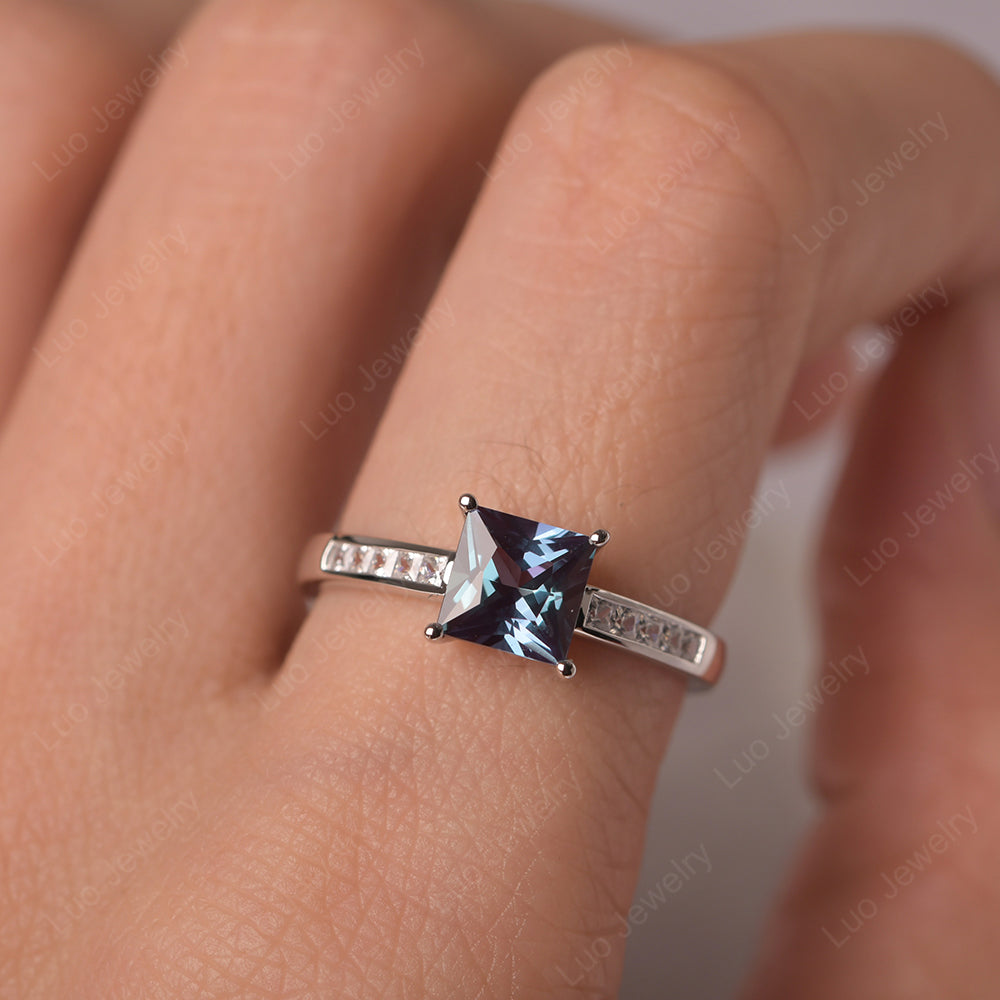 Alexandrite Wedding Rings Princess Cut Rose Gold - LUO Jewelry