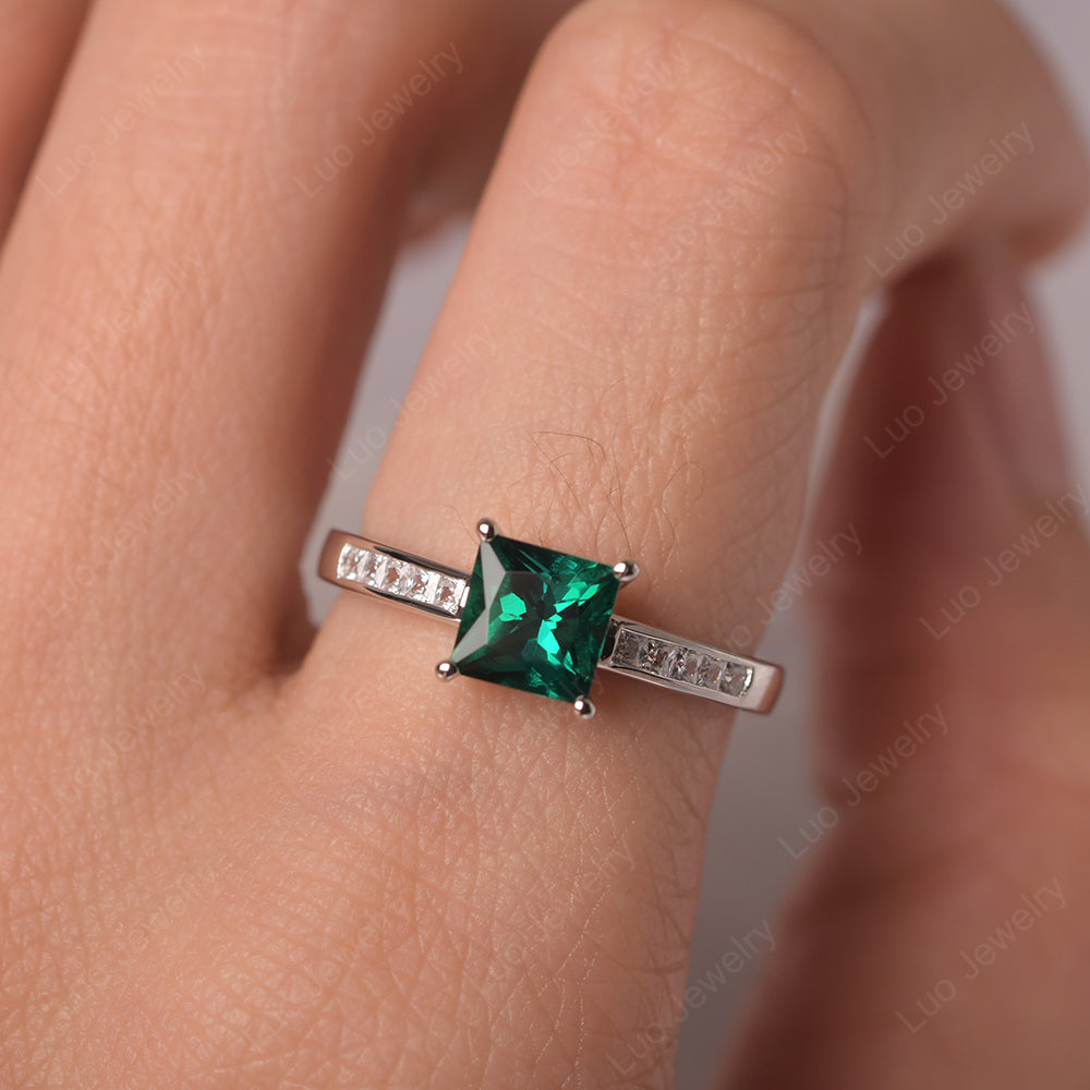 Lab Emerald Wedding Rings Princess Cut Rose Gold - LUO Jewelry