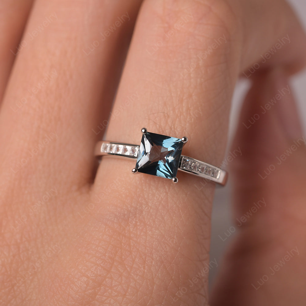 London Blue Topaz Wedding Rings Princess Cut Rose Gold - LUO Jewelry