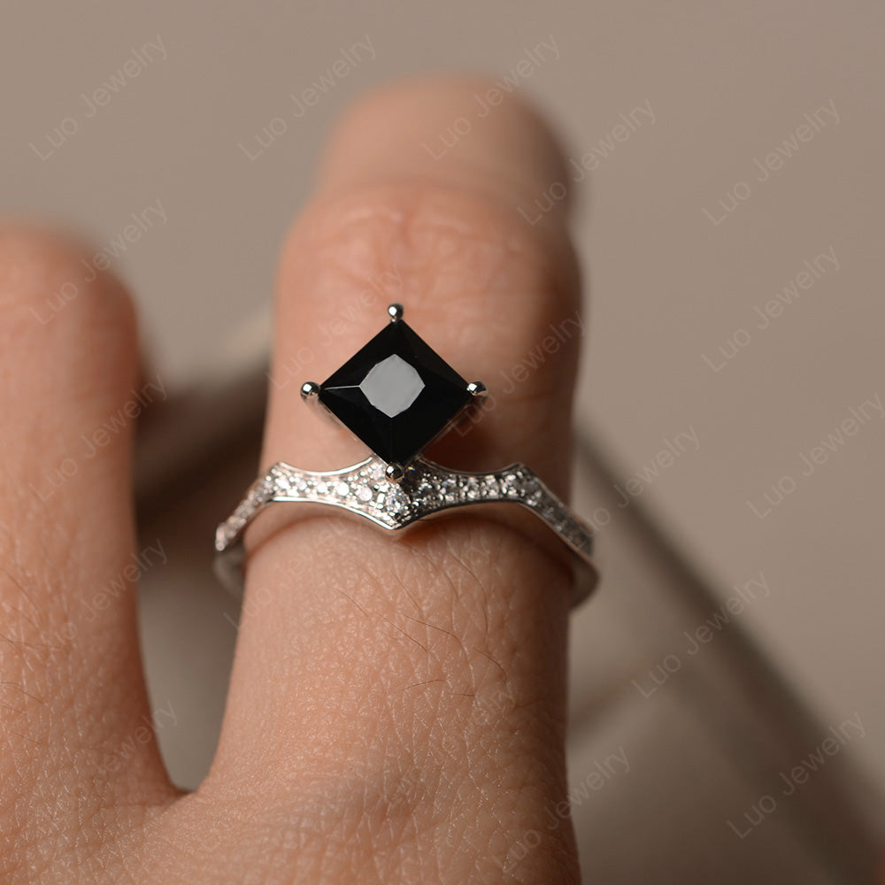 Vintage Kite Set Princess Cut Black Spinel Ring - LUO Jewelry