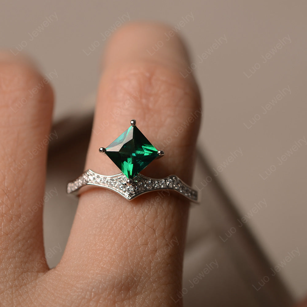 Vintage Kite Set Princess Cut Lab Emerald Ring - LUO Jewelry