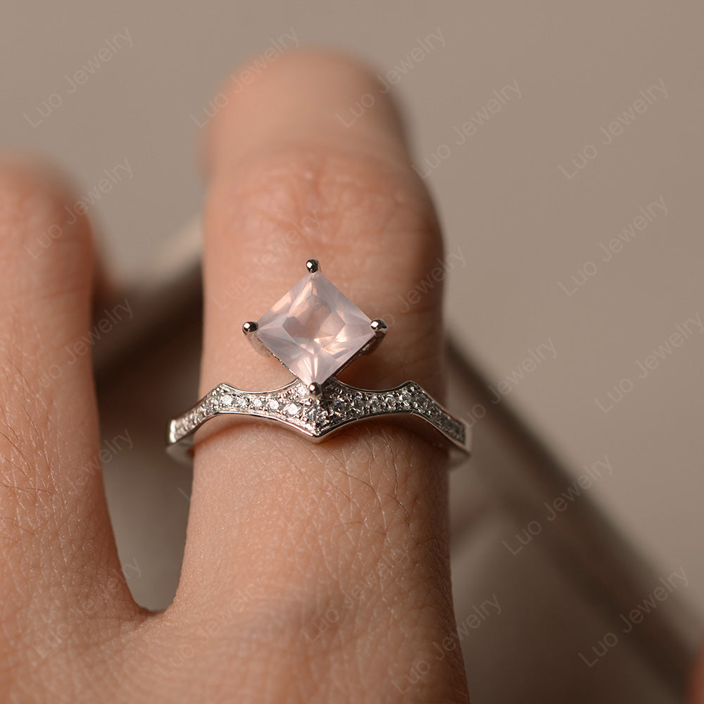 Vintage Kite Set Princess Cut Rose Quartz Ring - LUO Jewelry