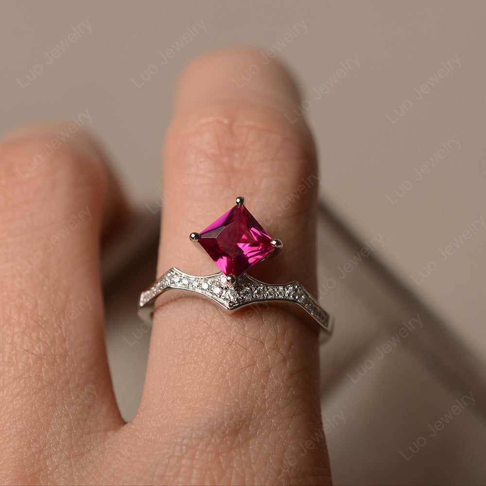 Vintage Kite Set Princess Cut Ruby Ring - LUO Jewelry