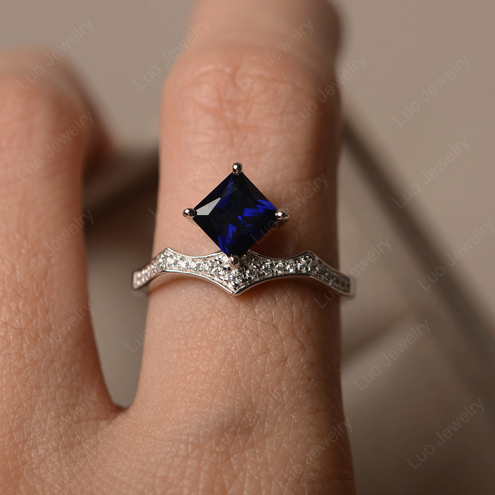 Vintage Kite Set Princess Cut Lab Sapphire Ring - LUO Jewelry