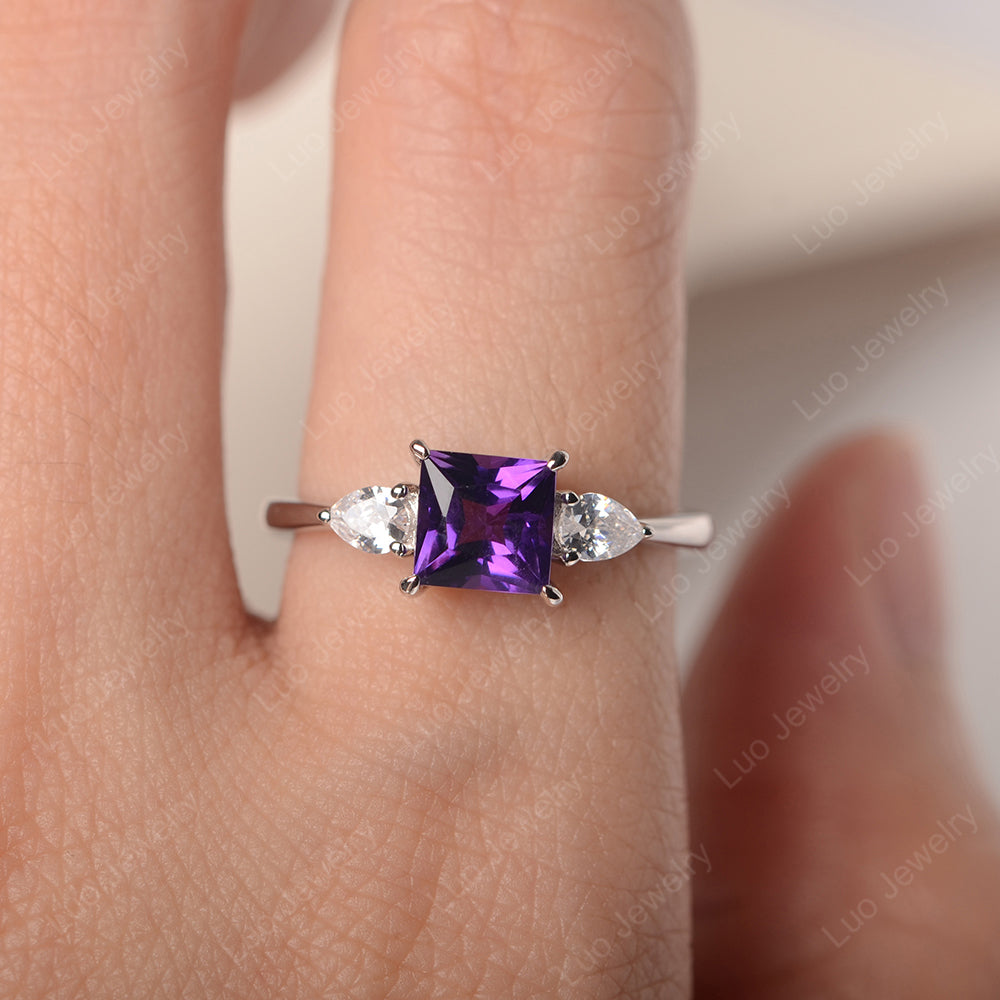Princess Cut Amethyst Ring With Pear Side Stone - LUO Jewelry