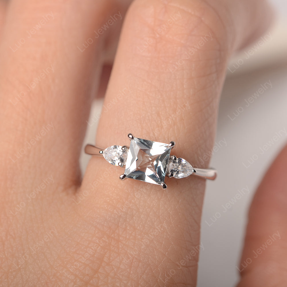Princess Cut Aquamarine Ring With Pear Side Stone - LUO Jewelry