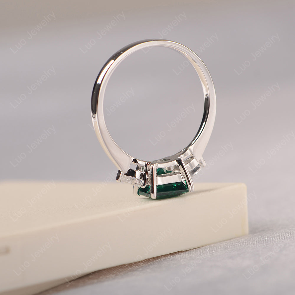 Princess Cut Lab Emerald Ring With Pear Side Stone - LUO Jewelry