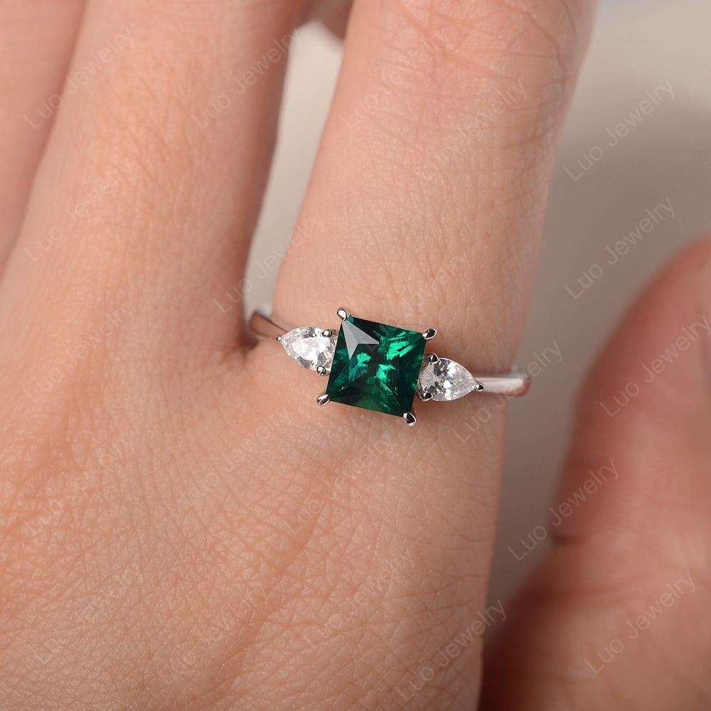 Princess Cut Lab Emerald Ring With Pear Side Stone - LUO Jewelry