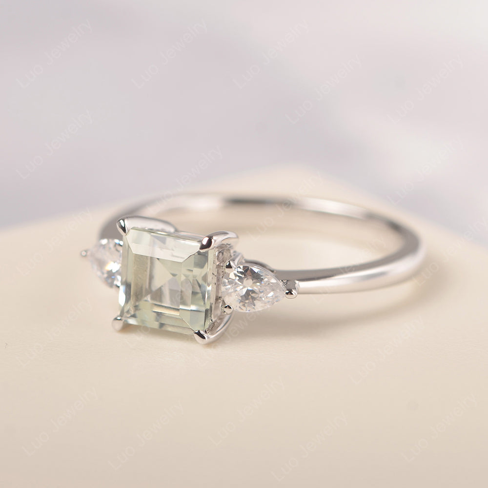 Square Cut Green Amethyst Ring With Pear Side Stone - LUO Jewelry