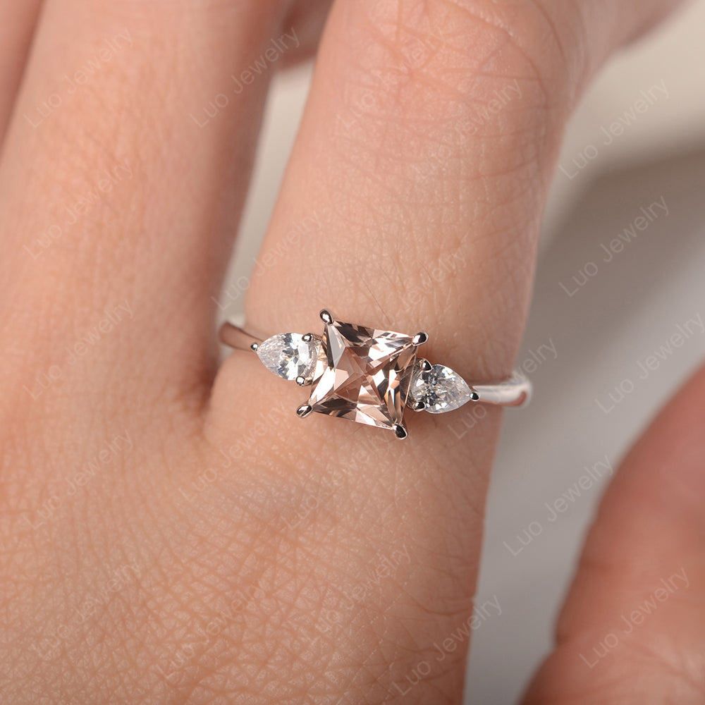Princess Cut Morganite Ring With Pear Side Stone - LUO Jewelry