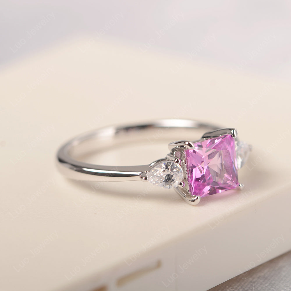 Princess Cut Pink Sapphire Ring With Pear Side Stone - LUO Jewelry