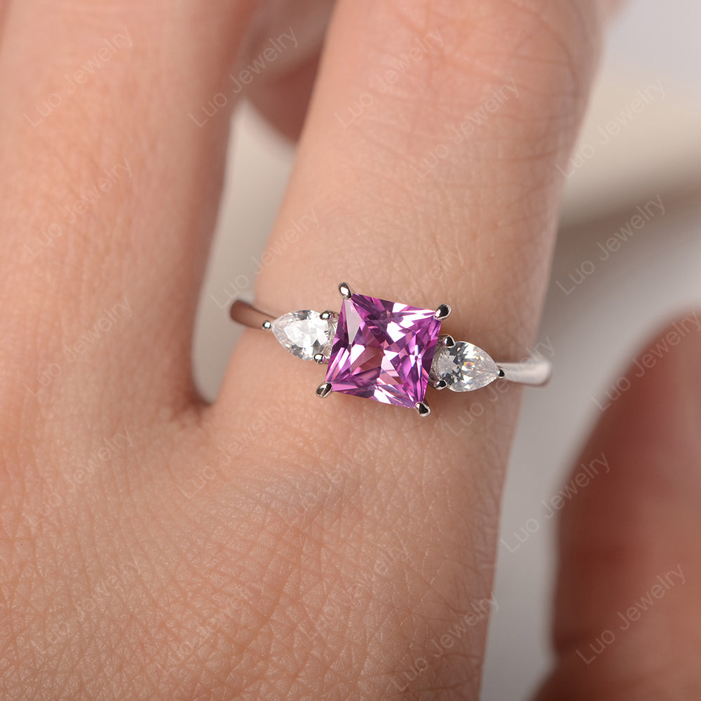 Princess Cut Pink Sapphire Ring With Pear Side Stone - LUO Jewelry