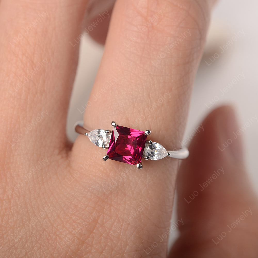 Princess Cut Ruby Ring With Pear Side Stone - LUO Jewelry