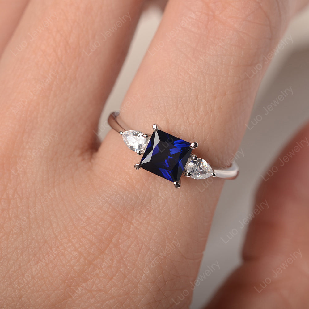 Princess Cut Lab Sapphire Ring With Pear Side Stone - LUO Jewelry