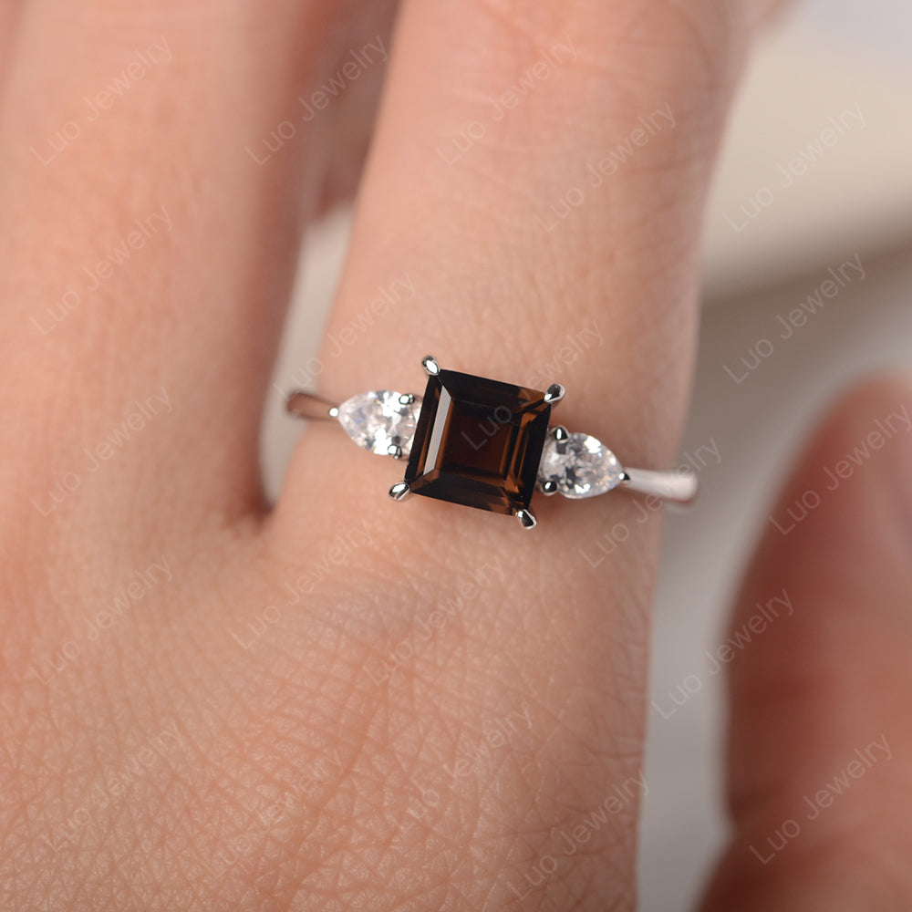 Square Cut Smoky Quartz Ring With Pear Side Stone - LUO Jewelry