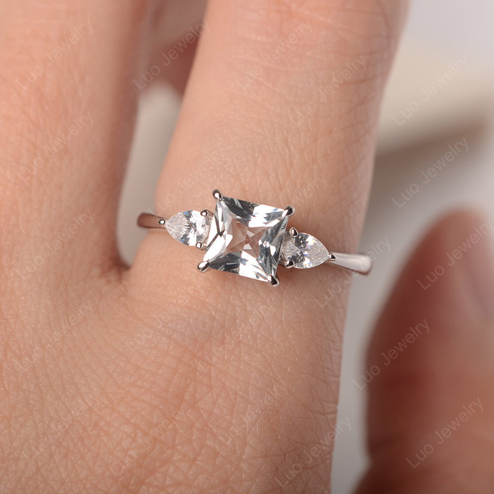 Princess Cut White Topaz Ring With Pear Side Stone - LUO Jewelry