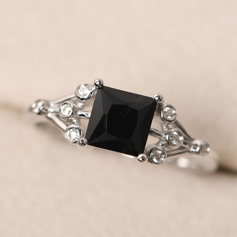Princess Cut Black Spinel Ring Art Deco Silver - LUO Jewelry