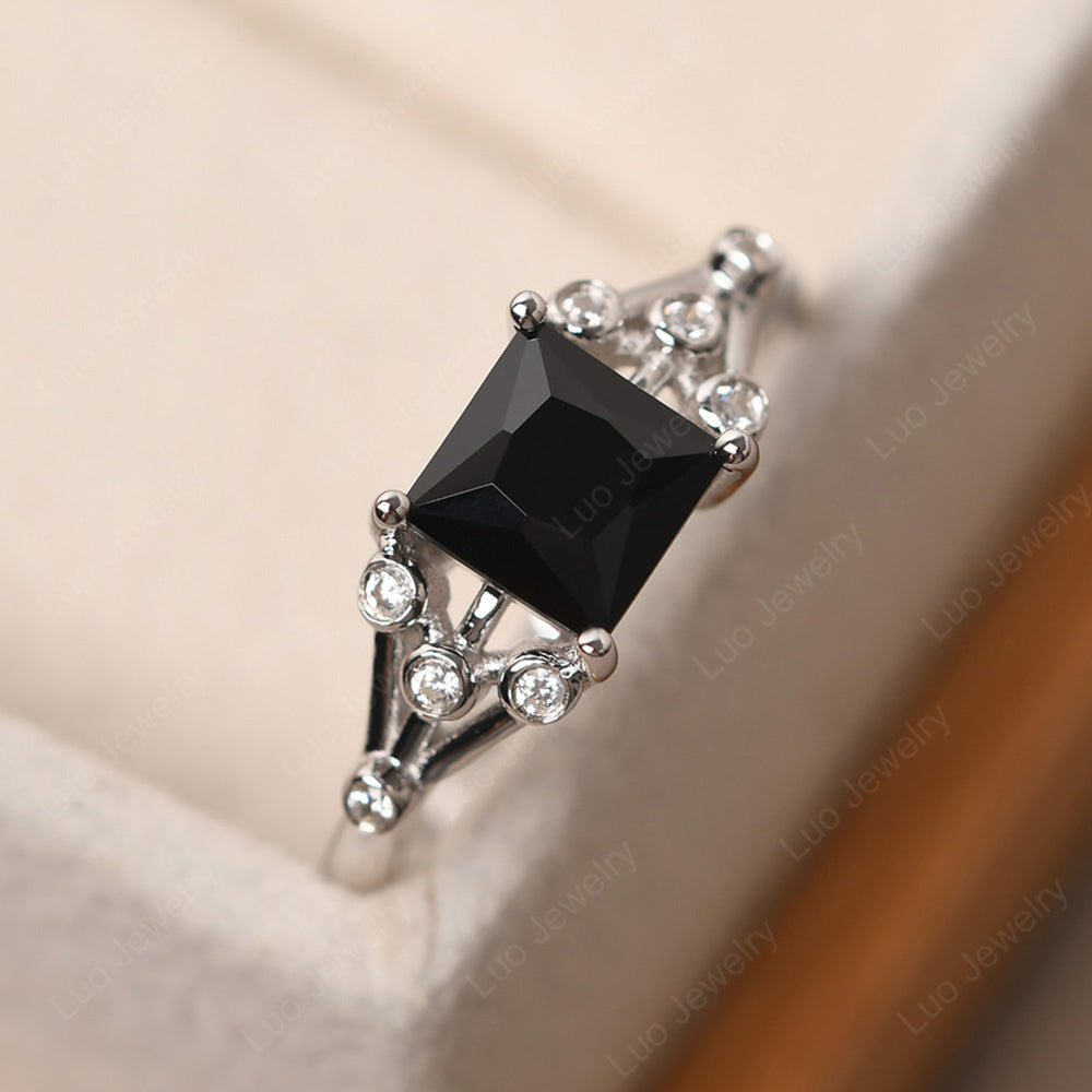 Princess Cut Black Spinel Ring Art Deco Silver - LUO Jewelry