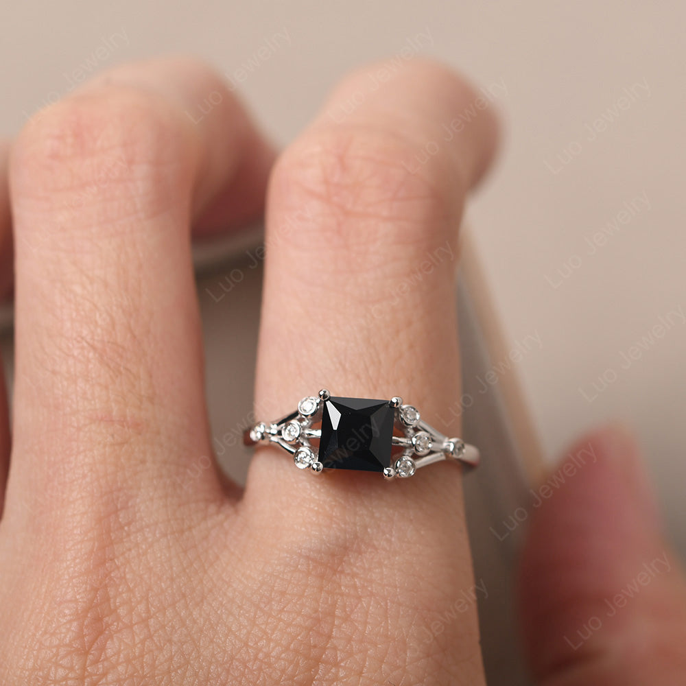 Princess Cut Black Spinel Ring Art Deco Silver - LUO Jewelry