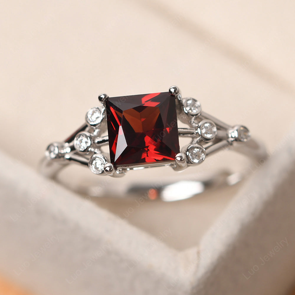 Princess Cut Garnet Ring Art Deco Silver - LUO Jewelry