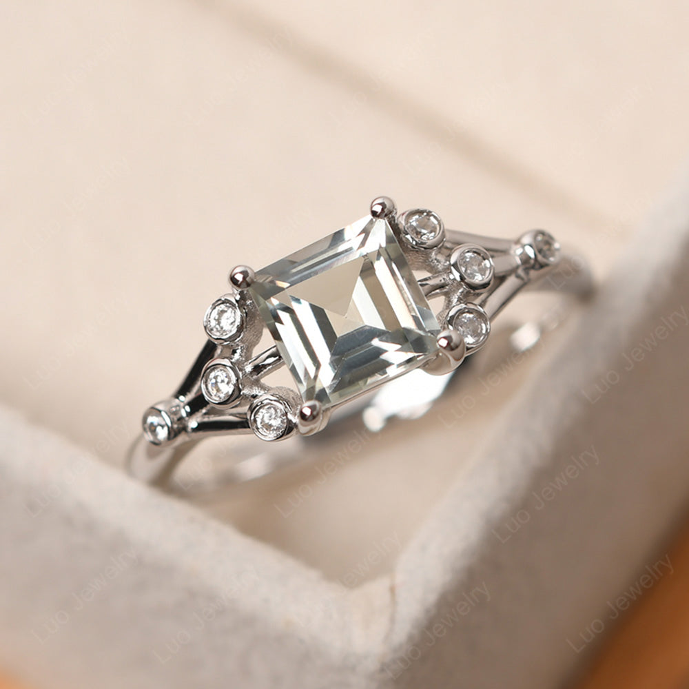 Square Cut Green Amethyst Ring Art Deco Silver - LUO Jewelry