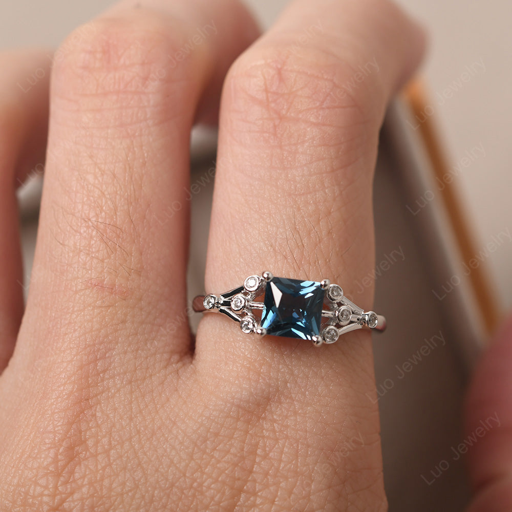 Princess Cut London Blue Topaz Ring Art Deco Silver - LUO Jewelry