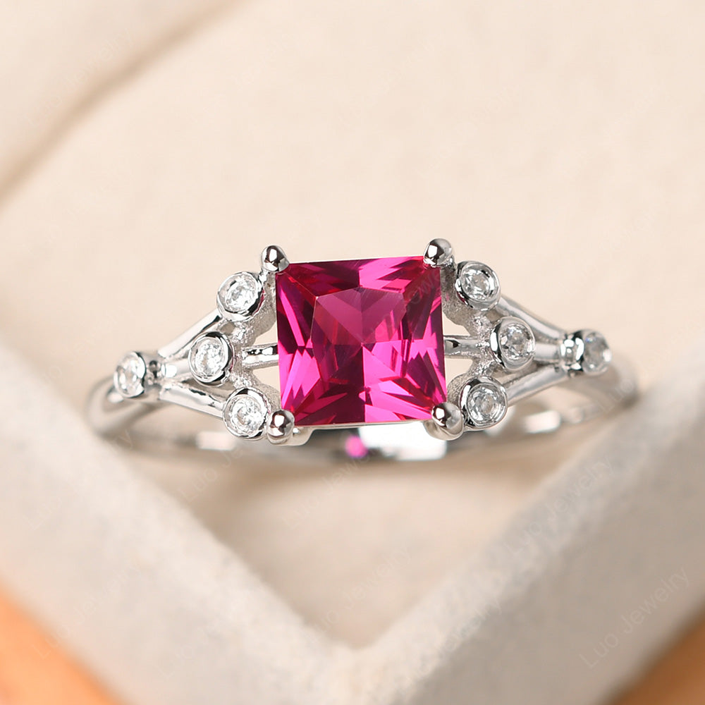 Princess Cut Ruby Ring Art Deco Silver - LUO Jewelry