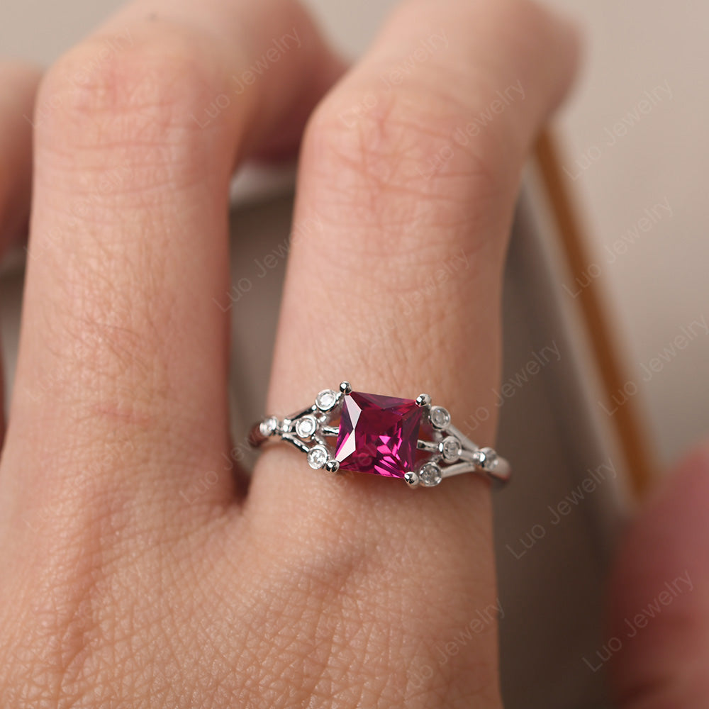 Princess Cut Ruby Ring Art Deco Silver - LUO Jewelry