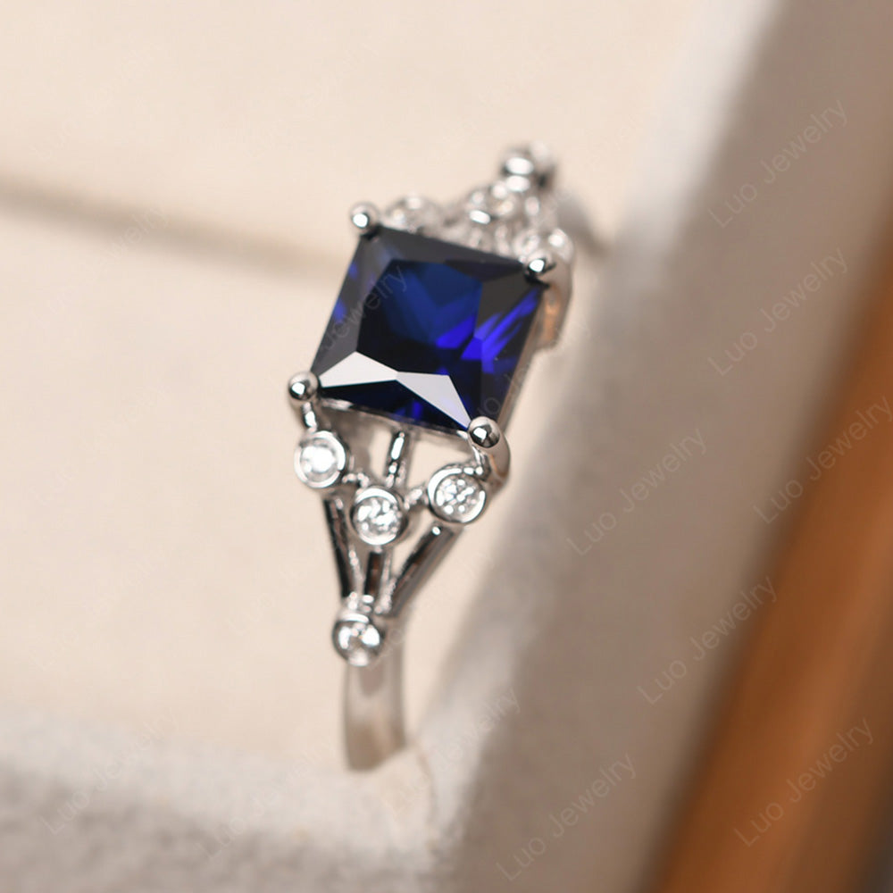Princess Cut Lab Sapphire Ring Art Deco Silver - LUO Jewelry