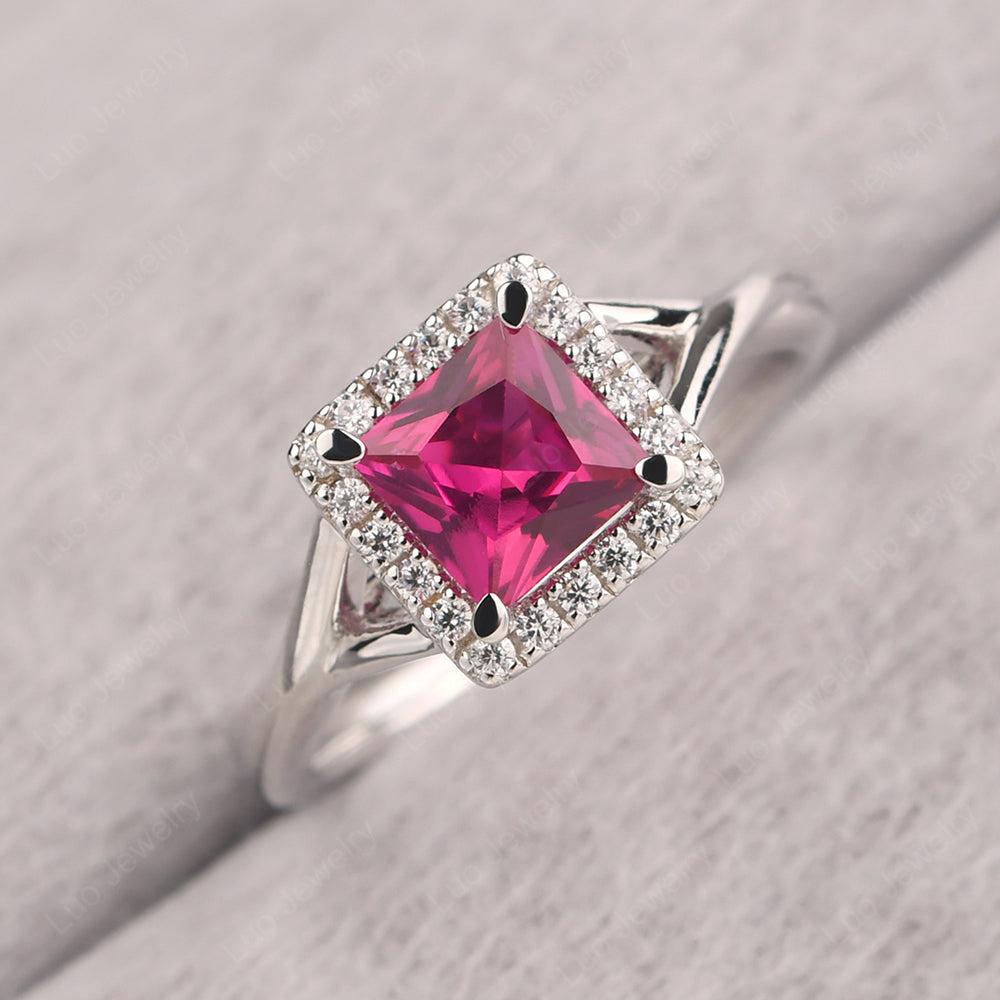 Ruby Split Shank Halo Engagement Rings - LUO Jewelry