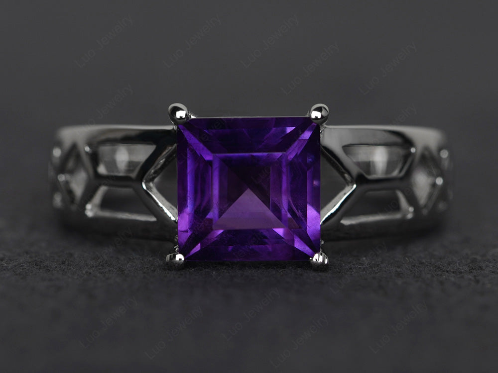 Amethyst Solitaire Ring Wide Band Silver - LUO Jewelry