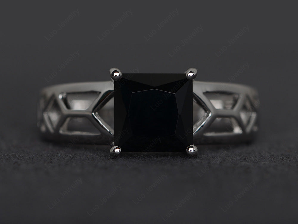 Black Stone Solitaire Ring Wide Band Silver - LUO Jewelry
