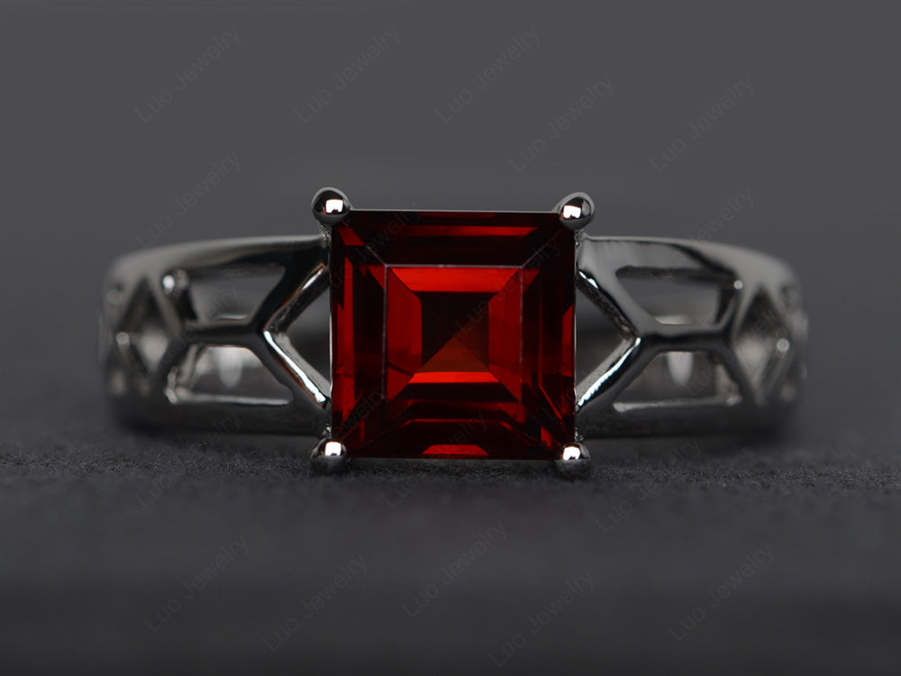 Garnet Solitaire Ring Wide Band Silver - LUO Jewelry
