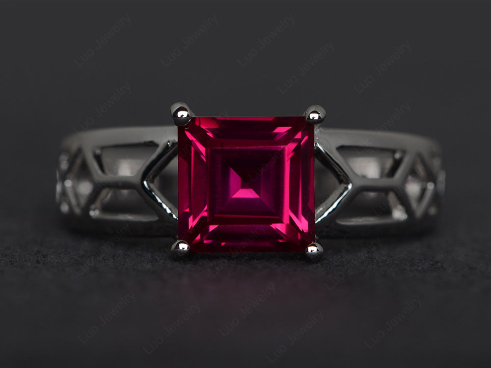 Ruby Solitaire Ring Wide Band Silver - LUO Jewelry