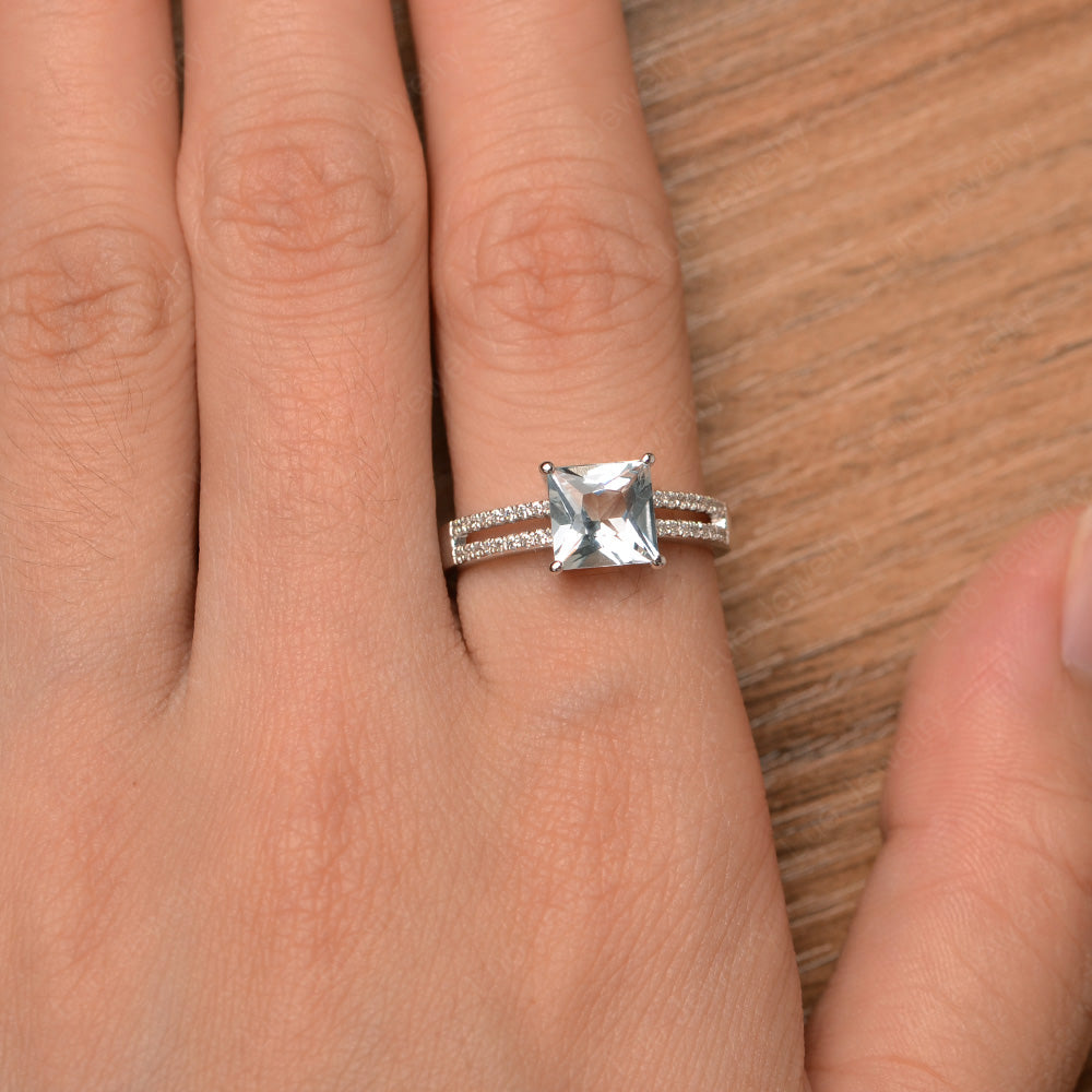 Double Band Princess Cut Aquamarine Ring Silver - LUO Jewelry