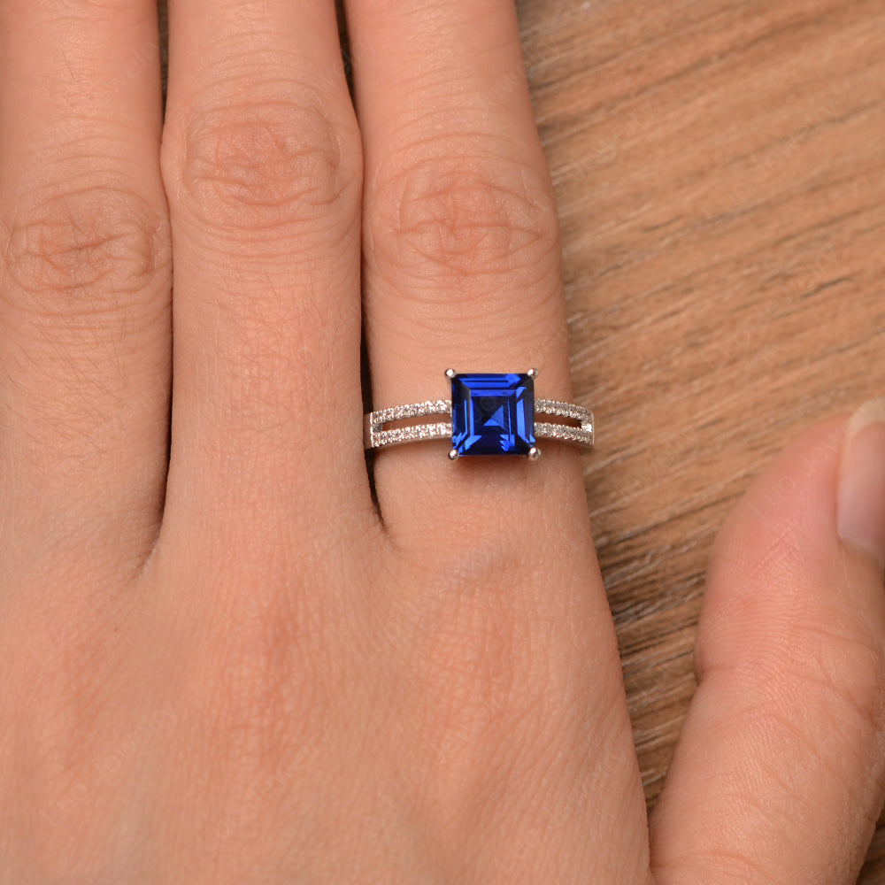 Double Band Square Cut Lab Sapphire Ring Silver - LUO Jewelry